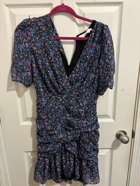 ASTR Floral V-neck Ruched Mini Dress - Black with Blue & Pink Floral